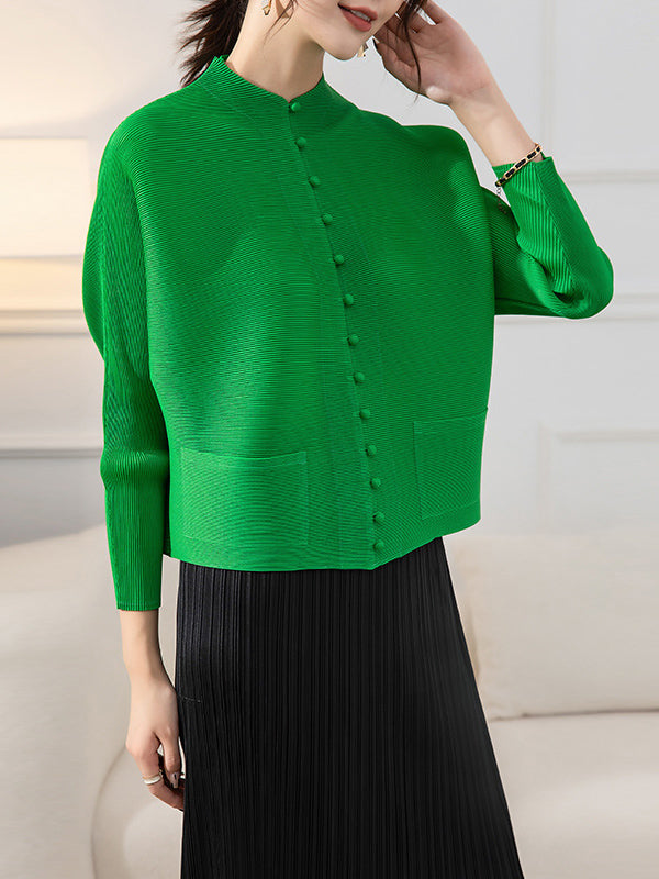 Veste ample boutonnée plissée à manches longues, à poches, à col rond, couleur unie