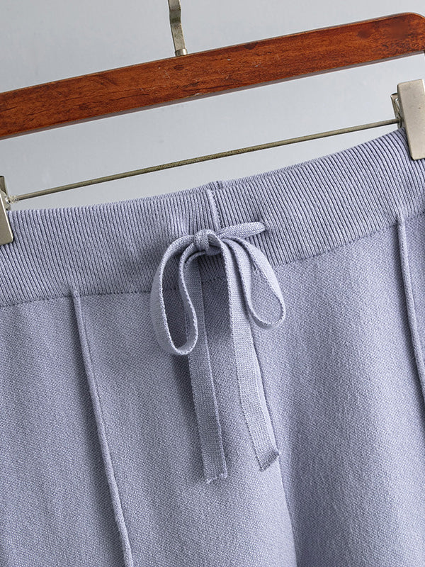 Ensemble deux pièces décontracté ample à manches longues, à col rond, à jambes larges, couleur unie – pull + pantalon
