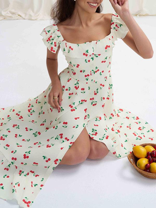 Robe mi-longue ample boutonnée plissée taille haute, à taille élastique, à imprimé floral, à col carré