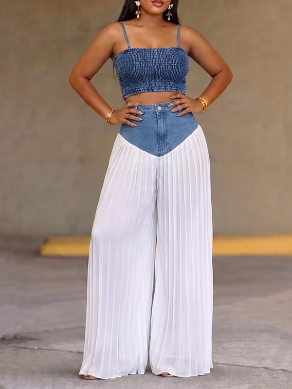 Ensemble deux pièces : caraco court coupe près du corps, à fermeture éclair, dos nu, à fines bretelles + haut + pantalon boutonné plissé transparent à fermeture éclair, à empiècements