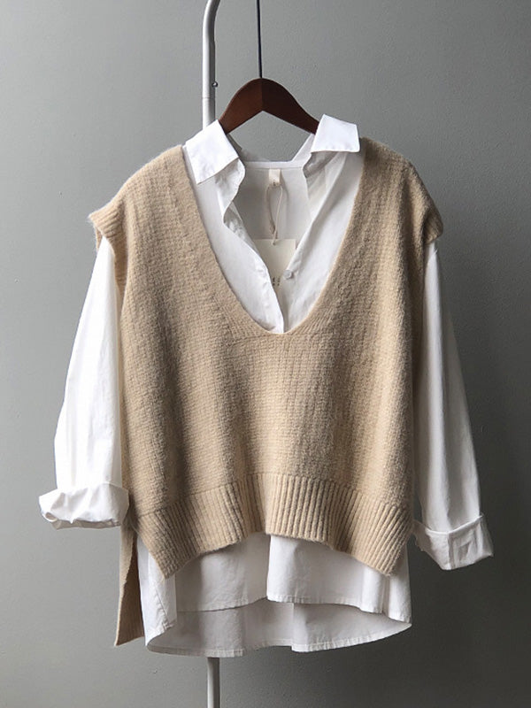 Gilet irrégulier à tricoter uni à col en V