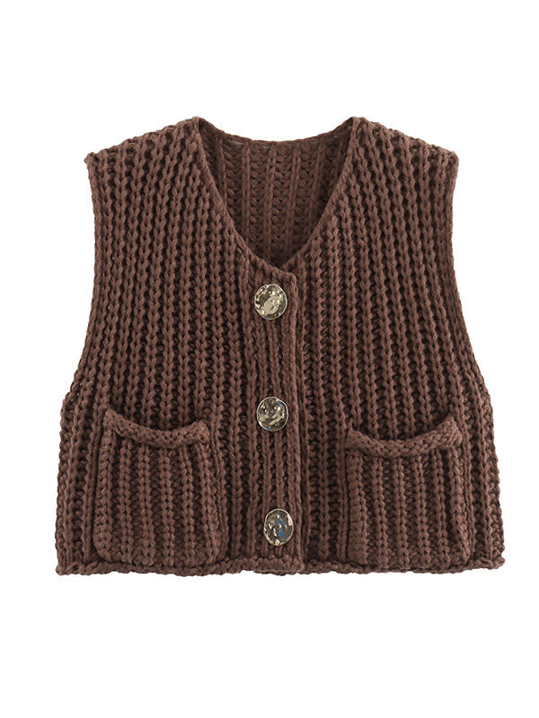 Gilet sans manches ample boutonné à poches, à col en V