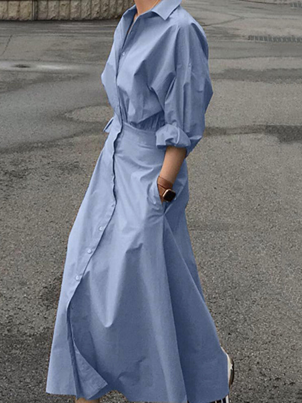 Robe chemise ample plissée à manches bouffantes, à empiècements, à col revers, couleur unie