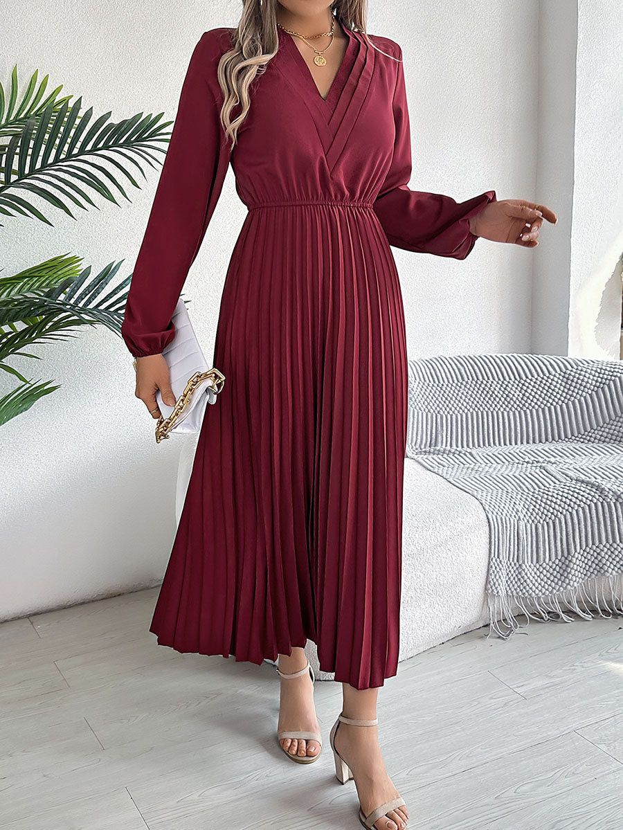 Robe longue plissée coupe trapèze, taille haute, à taille élastique, à col en V, couleur unie