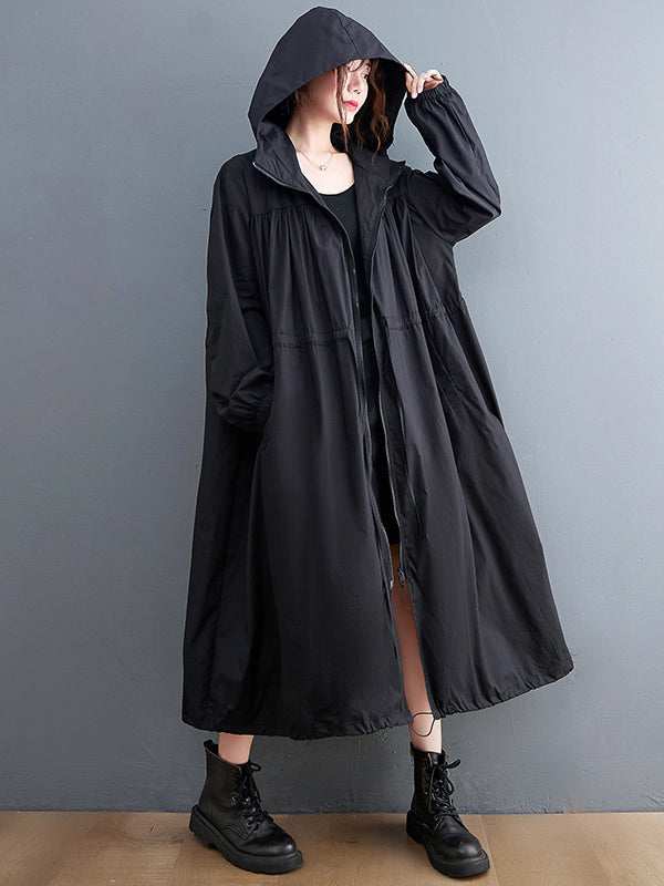 Trench-Coat décontracté à capuche, couleur unie, ample, fermeture éclair, cordon de serrage, manches longues