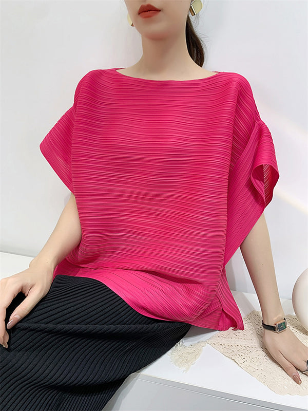 T-shirt ample plissé à manches chauve-souris, à col rond, couleur unie