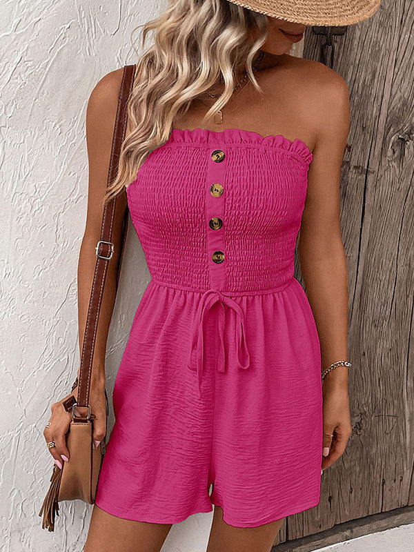 Combishort ample boutonné grande taille, à cordon de serrage, à taille élastique, à poches, à empiècements, bustier