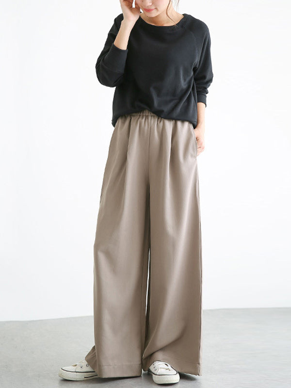 Pantalon taille haute à jambes larges, élastique, couleur unie, à empiècements, large côté