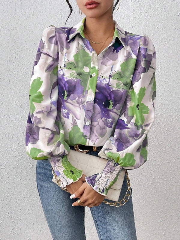 Chemisier ample boutonné plissé à manches longues, à taille élastique, à imprimé floral, à col revers