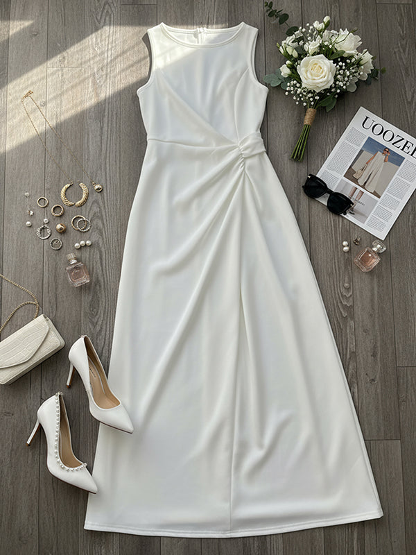 Robe de soirée longue plissée sans manches, en gaze, à empiècements, à col rond, couleur unie
