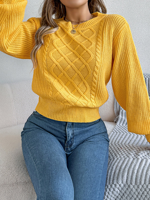 Taille élastiquée manches longues câble tricot couleur unie col rond haut en tricot pull hauts