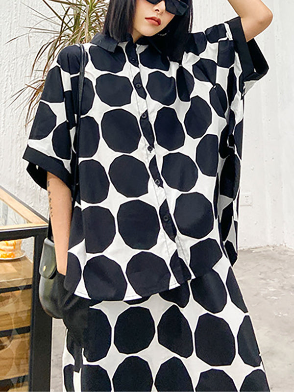 Ensemble deux pièces boutonné à manches chauve-souris, à pois, à col rond, à taille élastique, à poches – chemise + haut + sarouel + pantalon