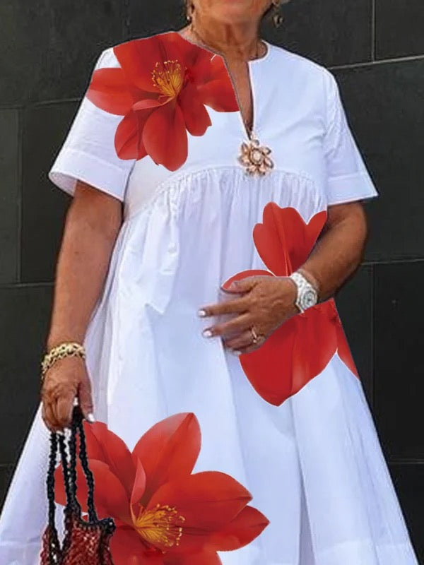Robe mi-longue ample plissée coupe trapèze, à imprimé floral, à col en V