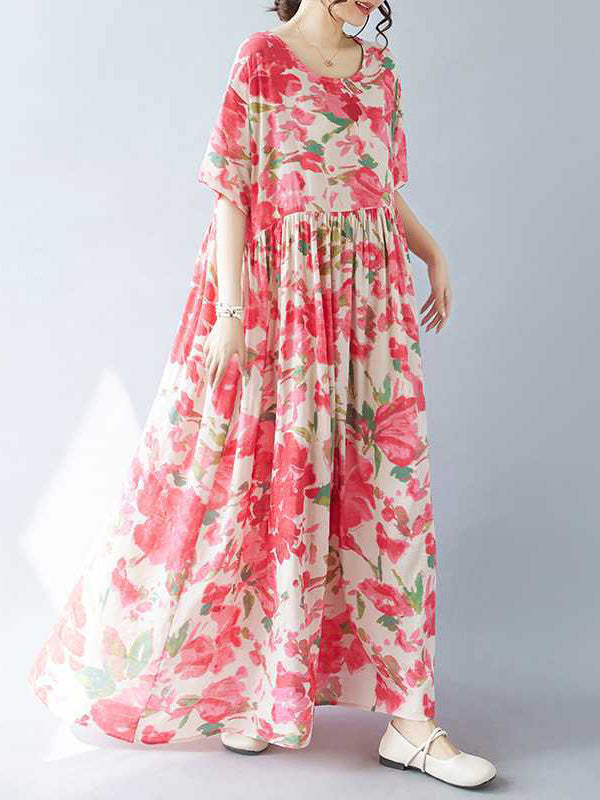 Robe mi-longue plissée coupe trapèze, à manches chauve-souris, à imprimé floral, à empiècements, à col rond