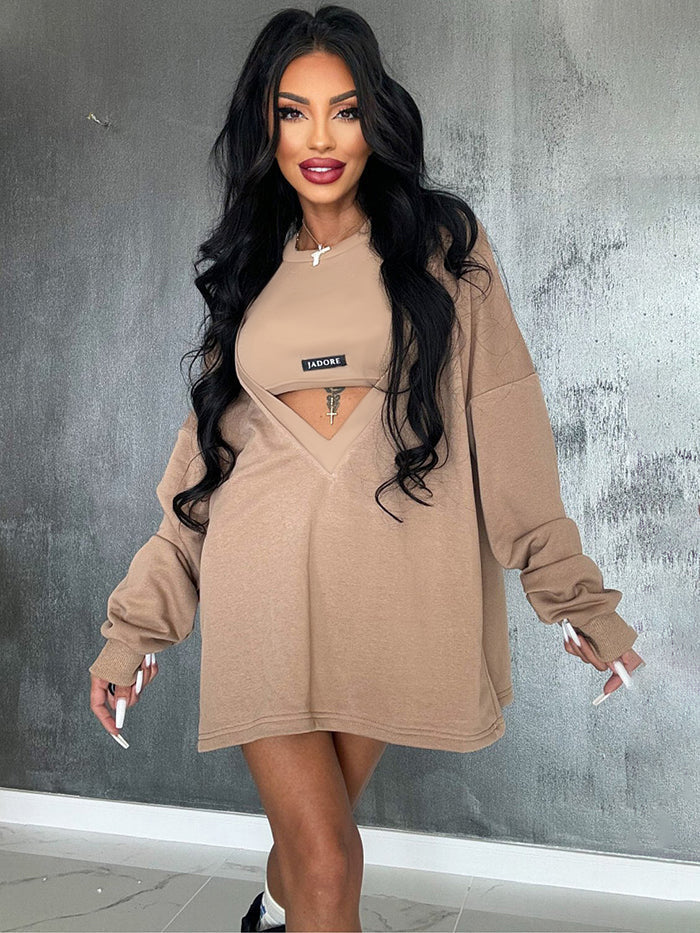 Ensemble deux pièces ample à col rond, couleur unie – robe courte + débardeur