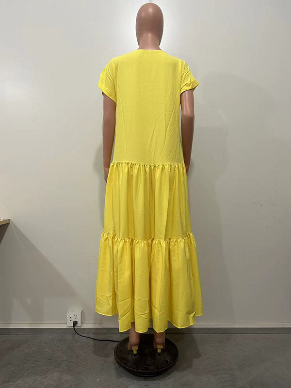 Robe longue ample plissée coupe trapèze, à empiècements, à col en V, couleur unie