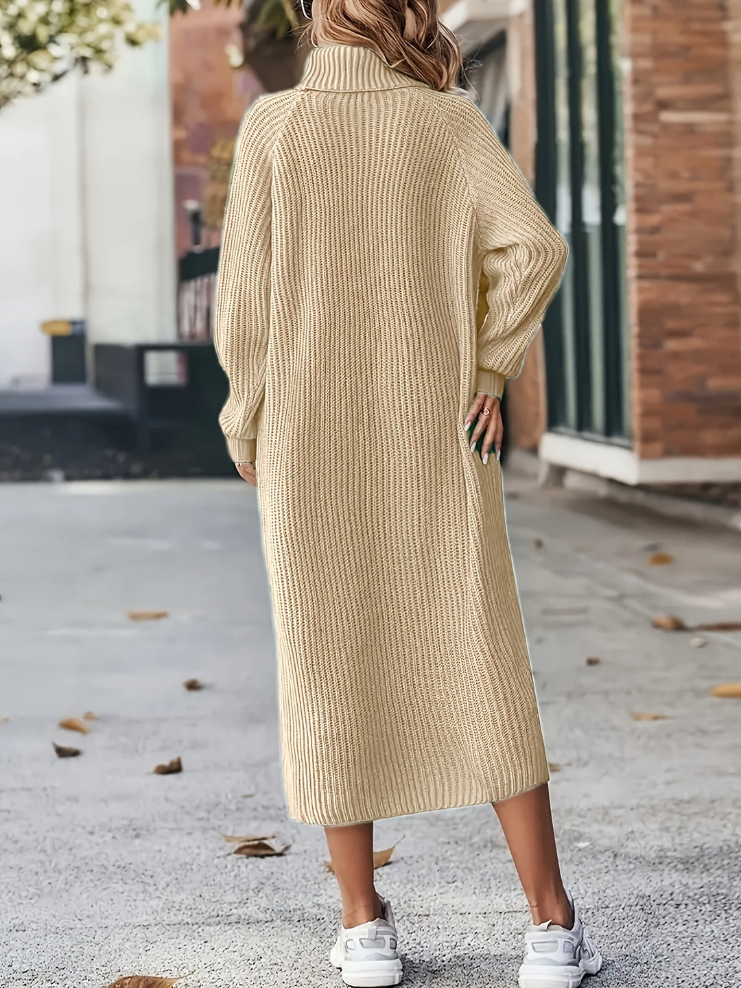 Robe en tricot pour femmes à col roulé | Manches longues et longueur midi
