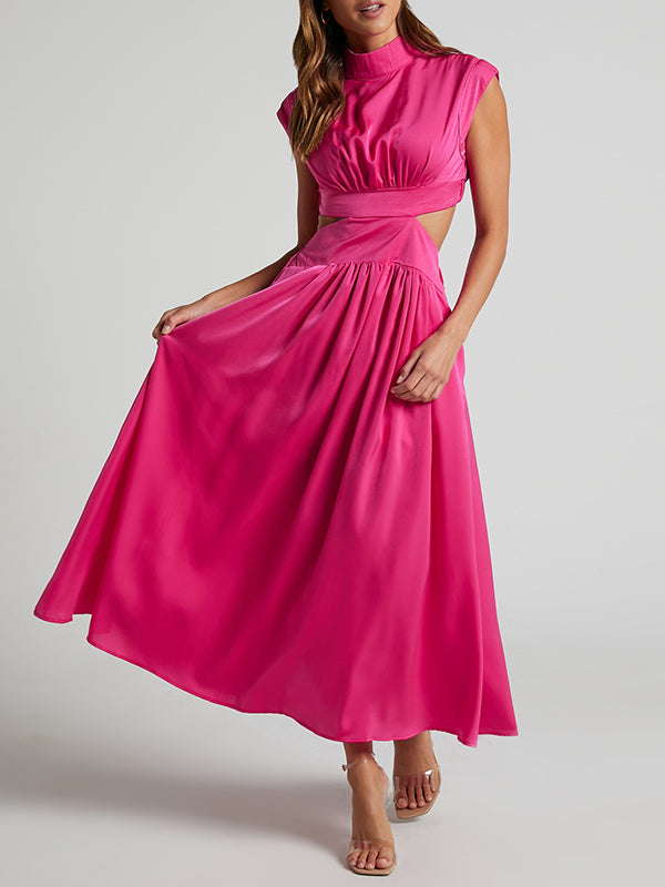 Robes longues plissées à manches courtes et ventre creux, couleur unie, col montant