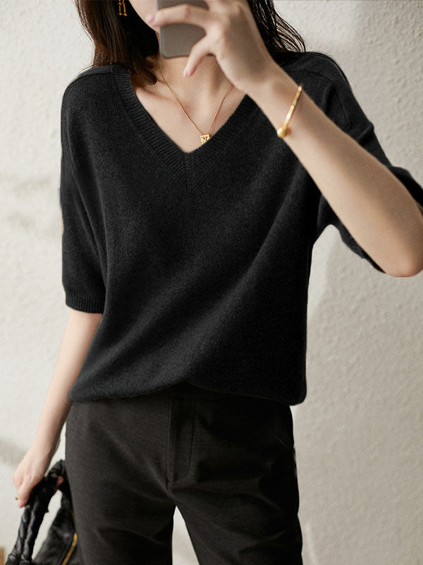 Pull en tricot à col en V de couleur unie urbaine