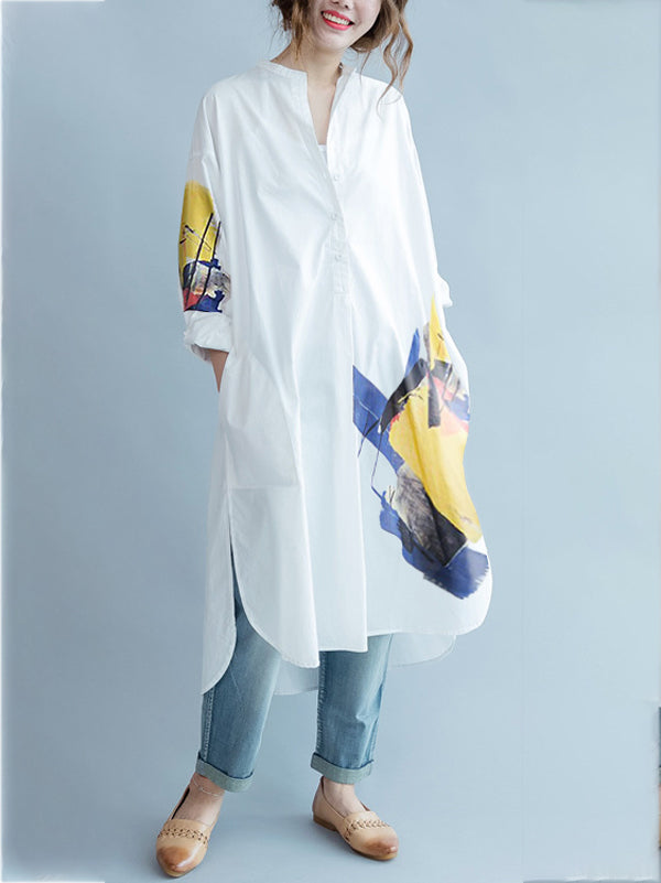 Robe chemise blanche asymétrique imprimée fendue sur le côté à manches longues