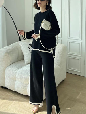 Ensemble deux pièces : haut fendu sur le côté à ourlet plongeant, à manches longues, à col rond, couleur contrastée + pantalon fendu sur le côté à jambes larges