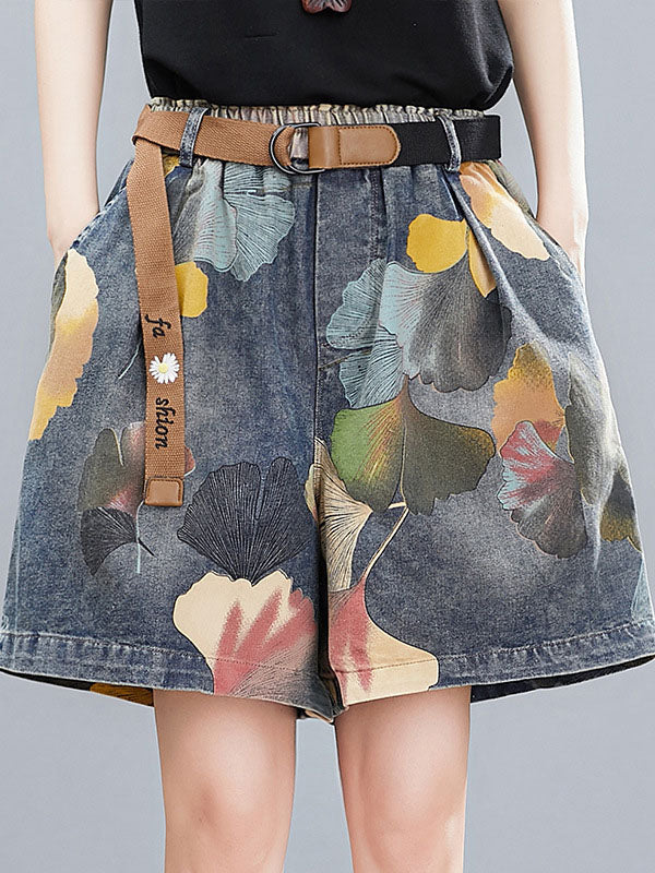 Short à fleurs, à jambes larges, en jean