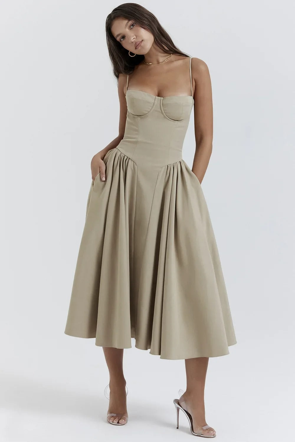 Nina - Robe midi sans manches en corset