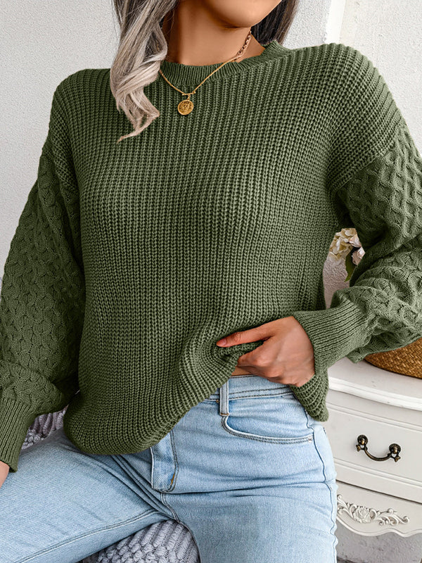 Pull ample à manches longues en tricot torsadé de couleur unie à col rond