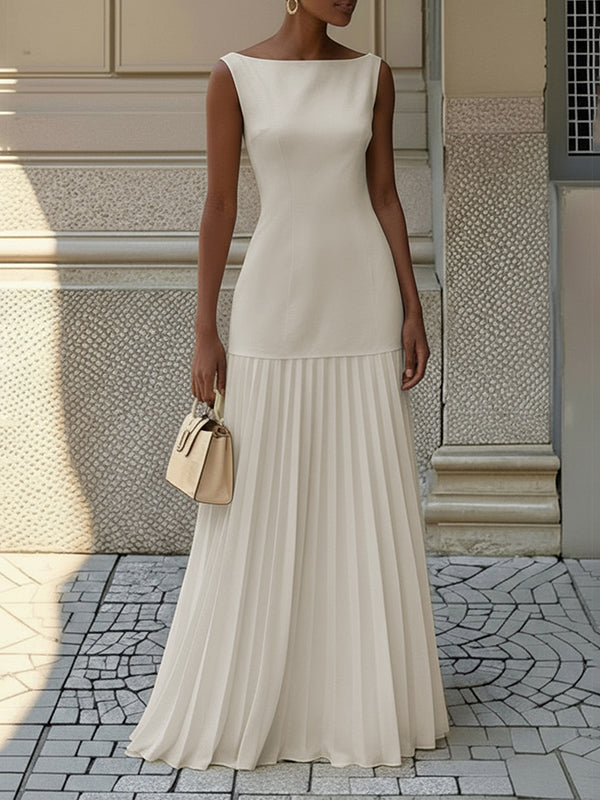 Robe de soirée longue plissée sans manches, en gaze, à empiècements, à col bateau, couleur unie