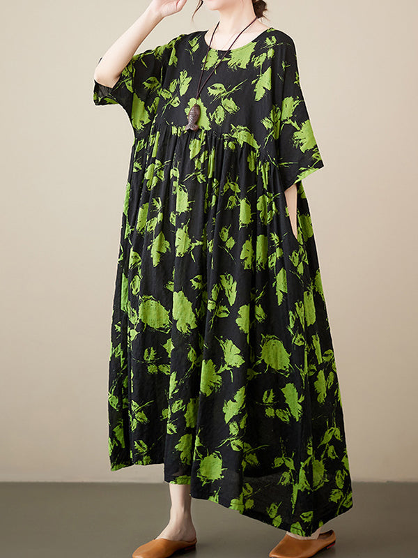 Robe mi-longue ample plissée à fleurs, à col rond