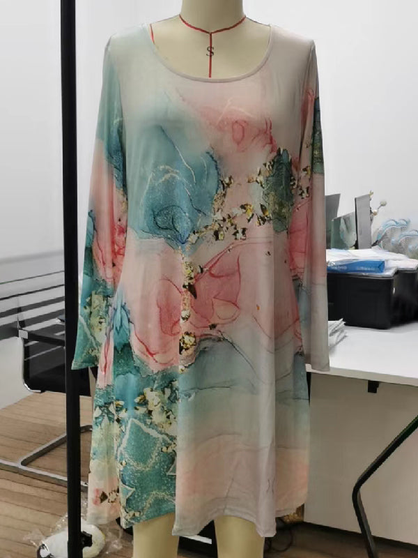 Robe mi-longue multicolore imprimée à manches longues, à imprimé floral, à col rond