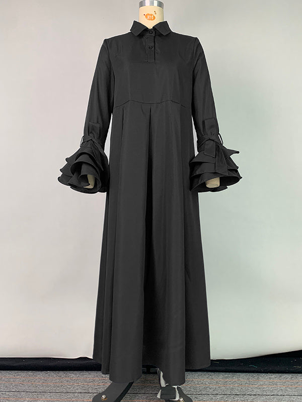 Robe chemise plissée à manches évasées, à empiècements, à col revers, couleur unie