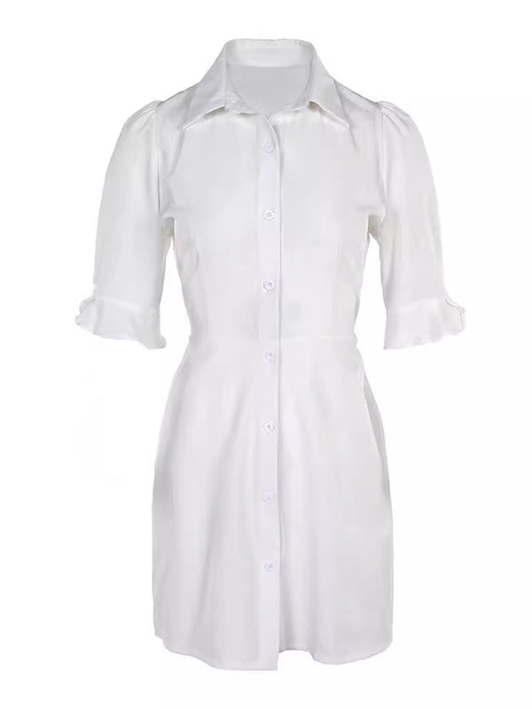 Robe chemise à manches bouffantes, à manches courtes, à empiècements, à col revers, couleur unie