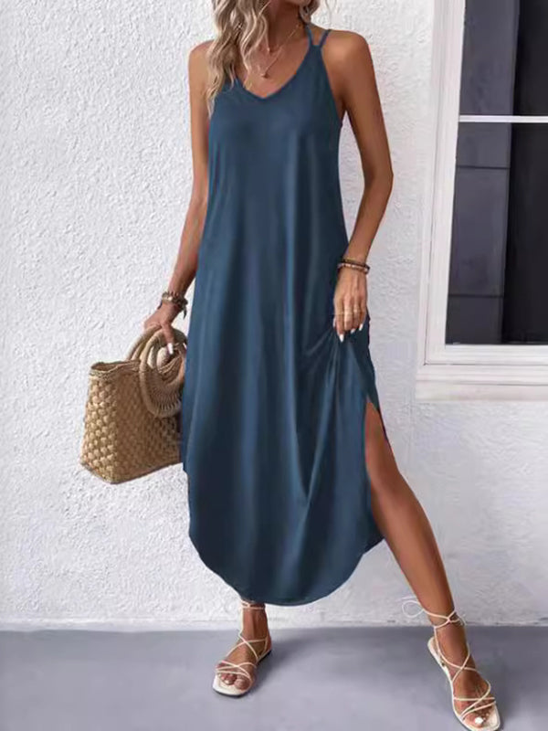 Robe longue ample grande taille, à fines bretelles, couleur unie