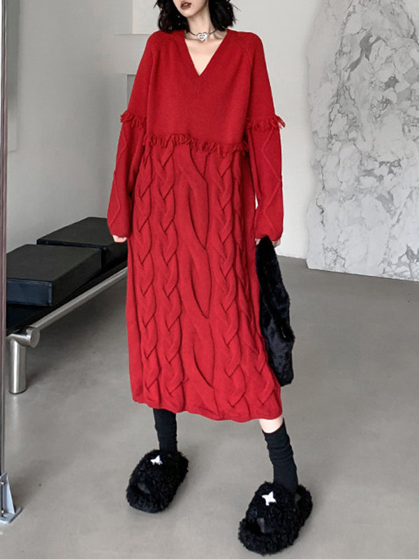 Robe pull ample à manches longues, à empiècements, à pompons, à col en V, couleur unie