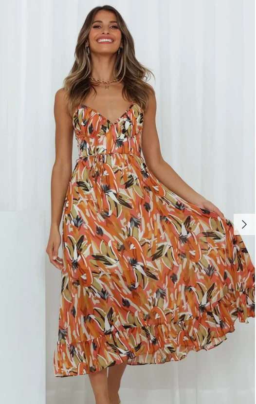 Camila - Robe midi imprimée avec ourlet à volants et décolleté en cœur