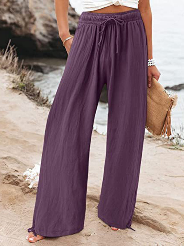 Pantalon ample à jambes larges, à cordon de serrage, à taille élastique, couleur unie