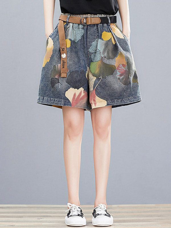 Short à fleurs, à jambes larges, en jean