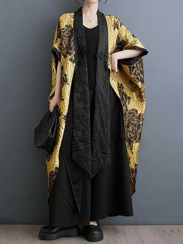 Manches chauve-souris, amples, ornés de fleurs, boutons de grenouille chinoise, plissés, col en V, vêtements d'extérieur