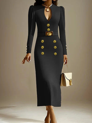 Robe mi-longue boutonnée à manches longues, à manches bouffantes, à décolleté en V profond, couleur unie