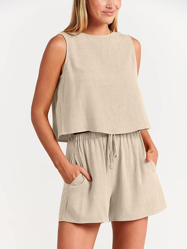 Ensemble deux pièces gilet à col rond de couleur unie + short à cordon élastique
