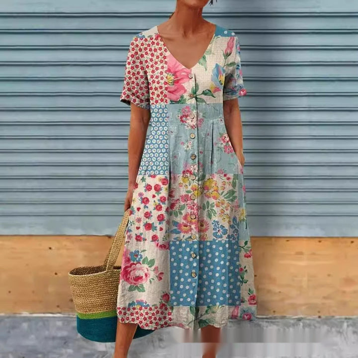 Luna - Robe midi à imprimé floral et fermeture à boutons devant