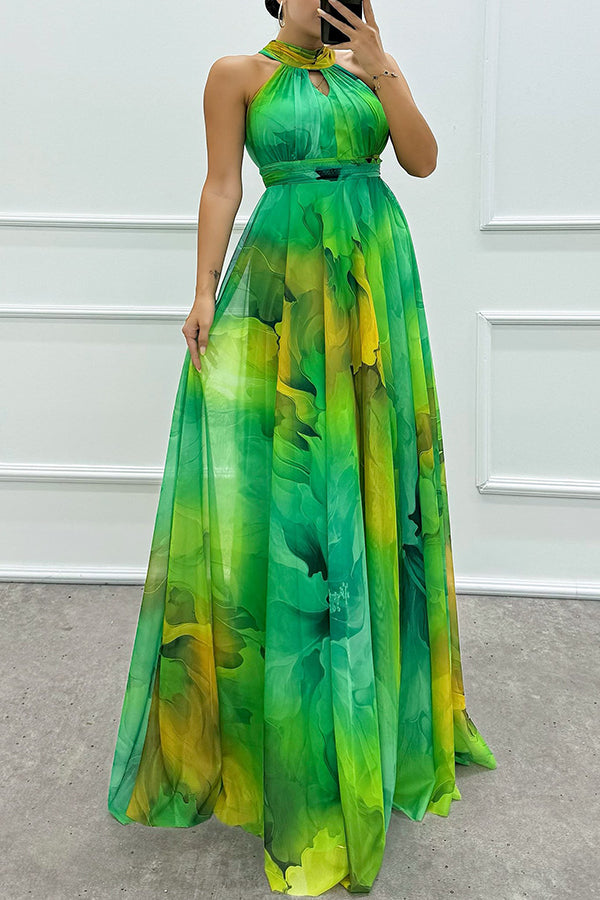 Elaine - Robe maxi en tulle avec imprimé floral, découpes et col halter