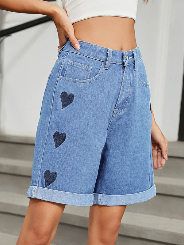 Jean ample boutonné taille haute, à imprimé cœurs, à poches