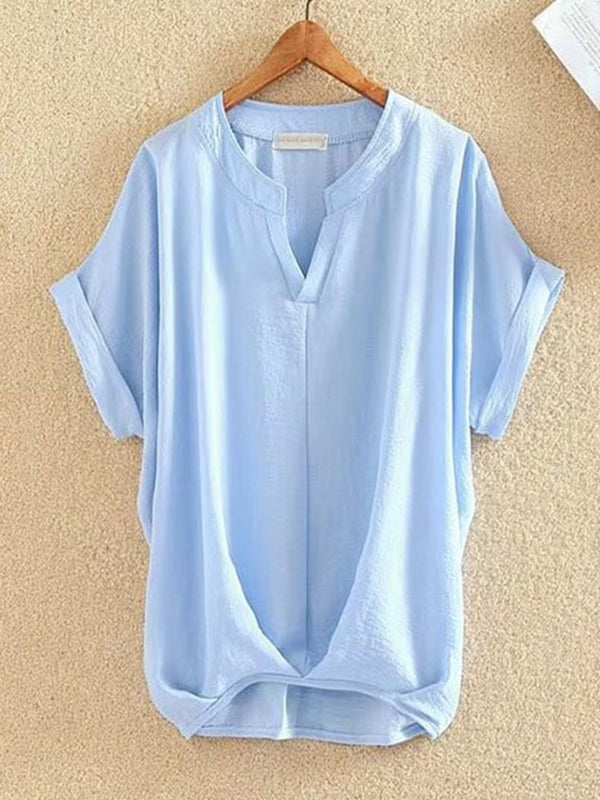 T-shirt ample plissé grande taille, à col en V, couleur unie