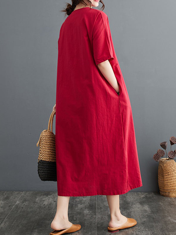 Robe trapèze ample avec boutons de grenouille chinoise, poches, couleur unie, fendue sur le côté, col en v, robes mi-longues