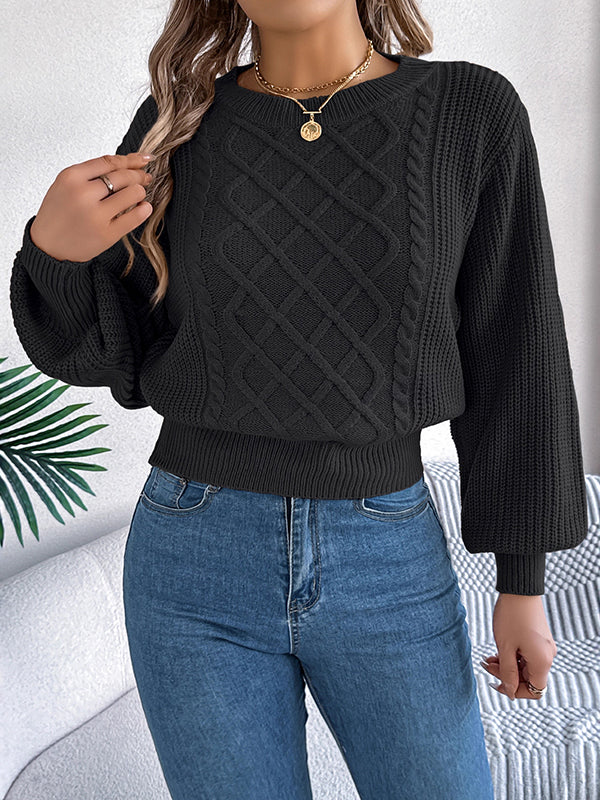 Taille élastiquée manches longues câble tricot couleur unie col rond haut en tricot pull hauts