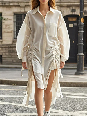 Robe chemise ample boutonnée plissée à manches longues, à cordon de serrage, à poches, à col revers, couleur unie