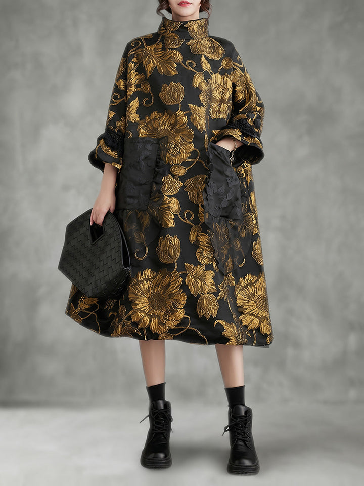 Robe mi-longue coupe trapèze, à manches évasées, à imprimé floral, en jacquard, à poches, à col haut, couleur contrastée