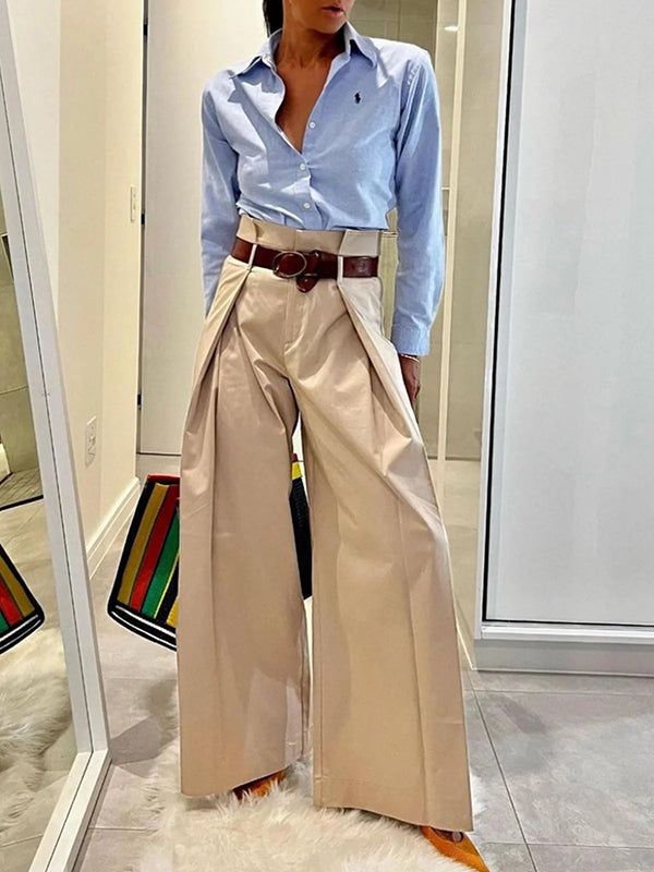 Pantalon ample plissé taille haute, à empiècements, couleur unie